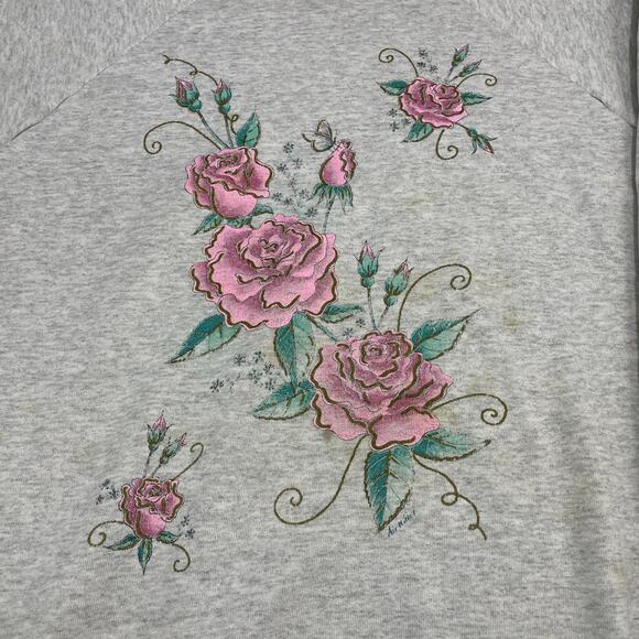 VTG 90s FOL Floral Graphic Sweatshirt size XL Roses USA Cottage Gray - Picture 2 of 9